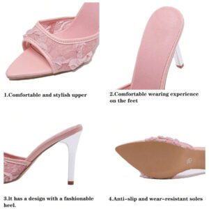 Sandales à talons stilettos avec décor de fleurs blanches en mailles pour femmes. Talons hauts pointus mode, pumps à talons hauts mode, métalliques et respirants, à enfiler
