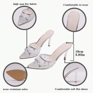 Sandales à talons stilettos avec décor de fleurs blanches en mailles pour femmes. Talons hauts pointus mode, pumps à talons hauts mode, métalliques et respirants, à enfiler