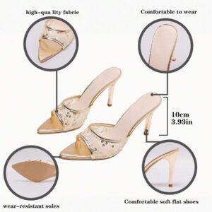 Sandales à talons stilettos avec décor de fleurs blanches en mailles pour femmes. Talons hauts pointus mode, pumps à talons hauts mode, métalliques et respirants, à enfiler