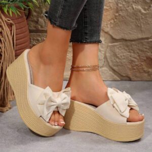 Sandales à plateforme à talon compensé avec nœud décoratif pour femmes, sandales légères à bout ouvert pour la plage et les activités de plein air décontractées