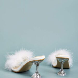 Mules à talons en plumes de dinde, sandales à talons hauts de couleur unie blanches pour femmes pour la remise des diplômes d'été, les talons de bal de promo, les sandales élégantes