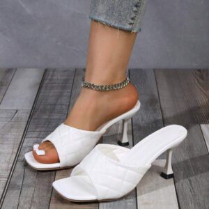 Sandales À Talons Hauts Confortables Et À La Mode Pour Femmes, Orteil Carré Blanc Avec Motif À Carreaux Et Style À Enfiler