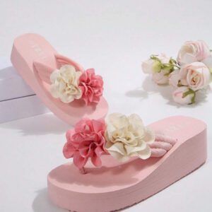 Sandales de plage roses à semelle épaisse et antidérapante pour femmes, nouveauté d'été. Mules à talons compensés avec bride en T, convient pour extérieur, intérieur, plage, mariage, vacances