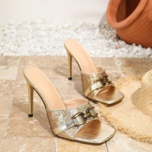Sandales mules décontractées et polyvalentes à bout carré avec boucle métallique décorative, stilettos, couleur or pour femmes
