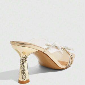 CUCCOO SZL Sandales à talons hauts sexy avec décoration en perle métallique dorée transparente pour femmes