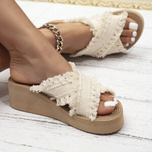 Sandales à franges de style Miu mignonnes et charmantes pour femmes, convenant à toutes les saisons - Bout ouvert, respirantes, confortables avec plateforme et talon compensé épais. Sandales à bout rond noir, texture d'imitation lin, mode rétro classique
