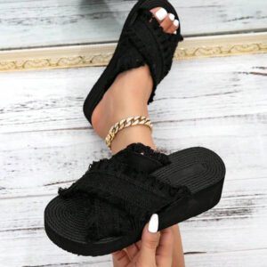 Sandales à franges de style Miu mignonnes et charmantes pour femmes, convenant à toutes les saisons - Bout ouvert, respirantes, confortables avec plateforme et talon compensé épais. Sandales à bout rond noir, texture d'imitation lin, mode rétro classique