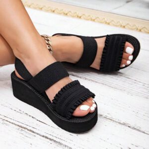 Sandales à franges de style Miu mignonnes et charmantes pour femmes, convenant à toutes les saisons - Bout ouvert, respirantes, confortables avec plateforme et talon compensé épais. Sandales à bout rond noir, texture d'imitation lin, mode rétro classique