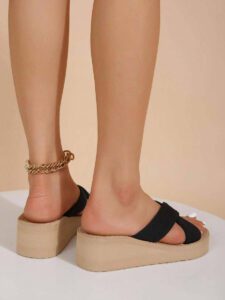 Sandales À Talons Compensés À Semelle Épaisse Et Bretelles Croisées Pour Femmes, Pantoufles Beiges Et Noires À Bout Ouvert Pour Voyage Et Plage – Image 6
