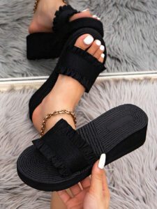 Sandales À Talons Compensés À Semelle Épaisse Et Bretelles Croisées Pour Femmes, Pantoufles Beiges Et Noires À Bout Ouvert Pour Voyage Et Plage – Image 22