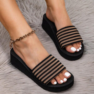 Sandales À Talons Compensés À Semelle Épaisse Et Bretelles Croisées Pour Femmes, Pantoufles Beiges Et Noires À Bout Ouvert Pour Voyage Et Plage