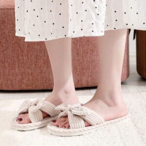 Chaussons à nœud papillon à bout ouvert, semelle souple pour la maison, pour le printemps et l'automne. Chaussons silencieux pour sol en bois