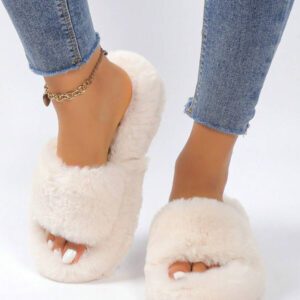 Mules femme de couleur unie à double bride, mules plates en peluche décontractées, chaussons d'intérieur chauds