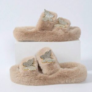 Mules femme de couleur unie à double bride, mules plates en peluche décontractées, chaussons d'intérieur chauds