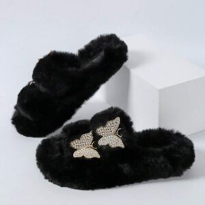 Mules femme de couleur unie à double bride, mules plates en peluche décontractées, chaussons d'intérieur chauds