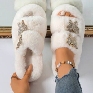 Mules femme de couleur unie à double bride, mules plates en peluche décontractées, chaussons d'intérieur chauds