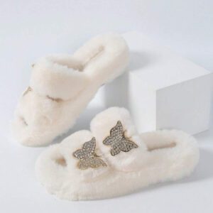 Mules femme de couleur unie à double bride, mules plates en peluche décontractées, chaussons d'intérieur chauds