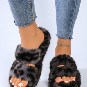 Mules femme de couleur unie à double bride, mules plates en peluche décontractées, chaussons d'intérieur chauds