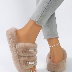 Mules femme de couleur unie à double bride, mules plates en peluche décontractées, chaussons d'intérieur chauds