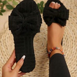 Pantoufles plates à enfiler rondes/carrées de style asiatique du sud-est pour femmes, avec un nœud en peluche, couleur unie décontractée, pour l'automne/l'hiver