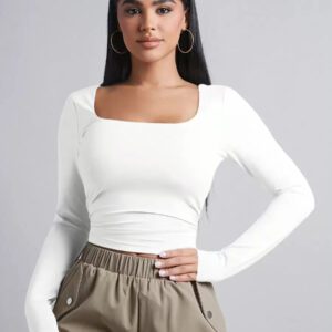 SHEIN PETITE T-shirt Printemps Pour Femmes À Encolure En Cuillère, Côtés Froncés