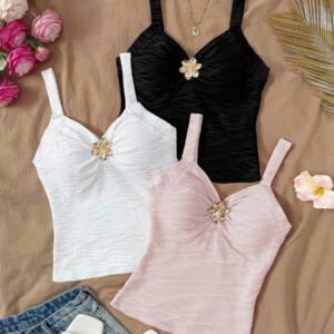 SHEIN LUNE Soleia Débardeur ajusté texturé tricoté blanc avec boucle métallique florale, col en V, idéal pour les vacances, les festivals de musique, le style bohème, les vacances, les rendez-vous, le thé de l'après-midi