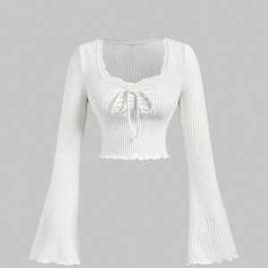 SHEIN MOD T-shirt à manches évasées et col carré blanc pour femmes, vêtements d'automne, Halloween, t-shirt à manches évasées blanc, manches longues confortables, hauts pour sortir, t-shirt ajusté, hauts à manches, Noël