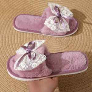 Chaussons moelleux pour femmes avec nœud papillon, pour printemps/automne/hiver, silencieux et légers, convient pour la maison et la récupération post-partum