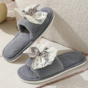Chaussons moelleux pour femmes avec nœud papillon, pour printemps/automne/hiver, silencieux et légers, convient pour la maison et la récupération post-partum