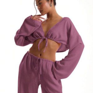 MUSERA Top de plage à manches larges avec nœud devant, effet lin. Vacances d'été bohème, sexy et élégant. Idéal pour les vacances à Ibiza, les sorties et les clubs en hiver