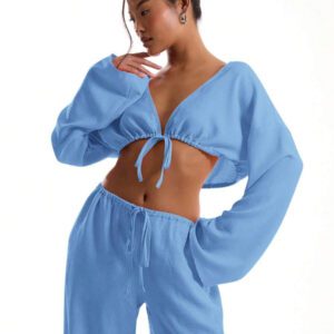 MUSERA Top de plage à manches larges avec nœud devant, effet lin. Vacances d'été bohème, sexy et élégant. Idéal pour les vacances à Ibiza, les sorties et les clubs en hiver