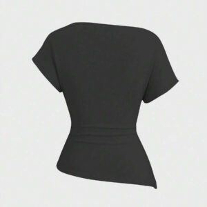 Sweetra T-shirt femme à manches courtes, col asymétrique à volant, couleur unie, été