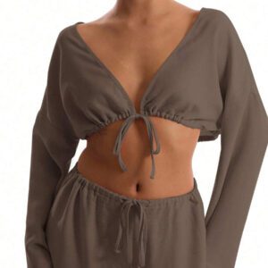 MUSERA Top de plage à manches larges avec nœud devant, effet lin. Vacances d'été bohème, sexy et élégant. Idéal pour les vacances à Ibiza, les sorties et les clubs en hiver