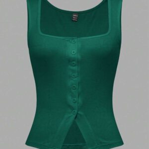 Zielony Débardeur en tricot fendu à encolure carrée style français sans manches pour femmes, design ajusté court d'été