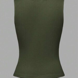 Zielony Débardeur en tricot fendu à encolure carrée style français sans manches pour femmes, design ajusté court d'été