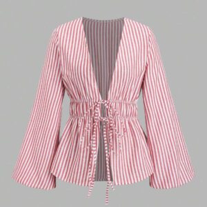 Sweetra Chemise longue à manches longues avec lacets et rayures pour femmes, style minimaliste adapté à l'été