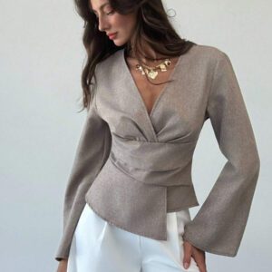 Aloruh Chemisier élégant à col en V et manches longues évasées avec ourlet asymétrique et taille froncée