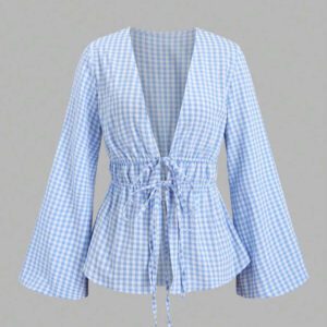 Sweetra Chemise longue à manches longues avec lacets et rayures pour femmes, style minimaliste adapté à l'été