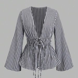 Sweetra Chemise longue à manches longues avec lacets et rayures pour femmes, style minimaliste adapté à l'été