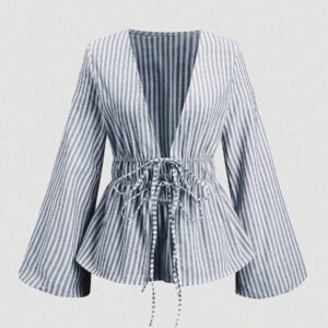 Sweetra Chemise longue à manches longues avec lacets et rayures pour femmes, style minimaliste adapté à l'été