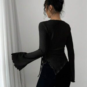 Selianne T-shirt col roulé asymétrique à manches évasées avec cordon de serrage pour femmes, automne/hiver