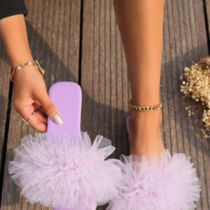 Sandales plates roses à la mode d'extérieur pour femmes avec du filet de gaze plissé, bout ouvert, confortable et carré, pour le printemps/été