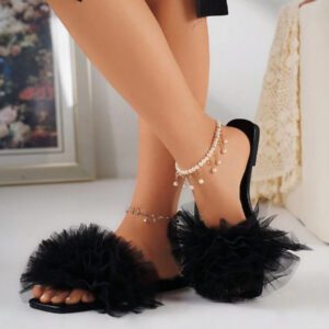 Sandales plates roses à la mode d'extérieur pour femmes avec du filet de gaze plissé, bout ouvert, confortable et carré, pour le printemps/été