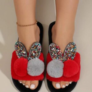 Femme À Nœud À Pompons À Strass Pantoufles , À La Mode À Bout Ouvert Pantoufles Pour Chambre À Coucher