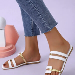 Pantoufles plates à la mode extérieur pour femme,sandales plates métallique à bout ouvert