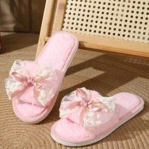 Chaussons en peluche pour femmes avec nœud papillon pour le printemps/l'automne/l'hiver, chaussures légères et silencieuses à enfiler pour récupération post-partum à porter à l'intérieur
