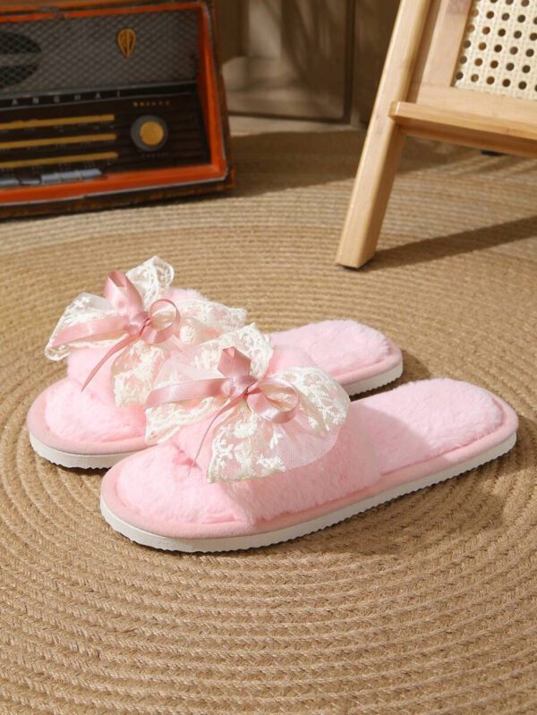 Chaussons en peluche pour femmes avec nœud papillon pour le printemps/l'automne/l'hiver, chaussures légères et silencieuses à enfiler pour récupération post-partum à porter à l'intérieur – Image 14