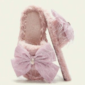 Cuccoo Pantoufles de maison confortables en peluche avec décoration de nœud pour femmes, ambiance de Noël et du Nouvel An, automne et hiver