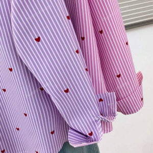 Chemise à col polo à imprimé cœur et rayures pour femme - Chemisier casual à manches longues à boutons pour les vacances, Tenue de tous les jours pour le printemps, l'été et l'automne