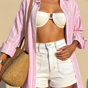 INAWLY Chemise décontractée à manches longues à épaules tombantes et à simple boutonnage à rayures pour femme